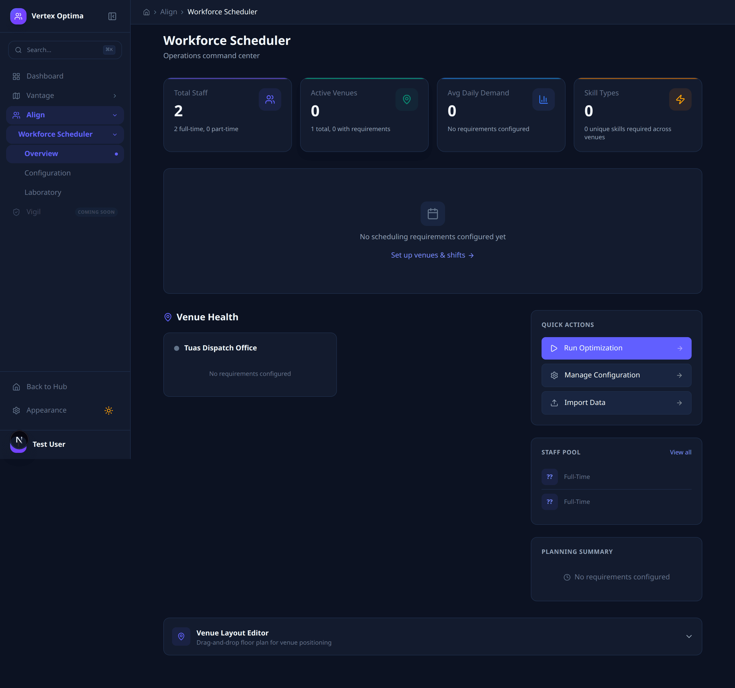Align workforce scheduler showing staff shift assignments across venues